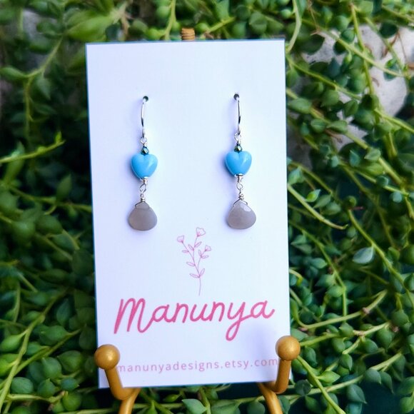 Heart Earrings with Semi-Precious Stones - Pink, Purple, Aqua, Blue - Picture 5 of 14